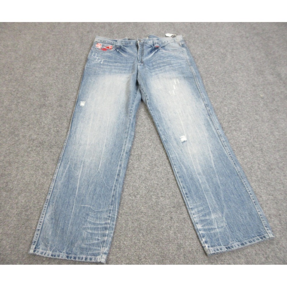 VTG Pelle Pelle Premium Jeans Mens 40x34 Blue Atomic Wide Leg Embroidered Denim
